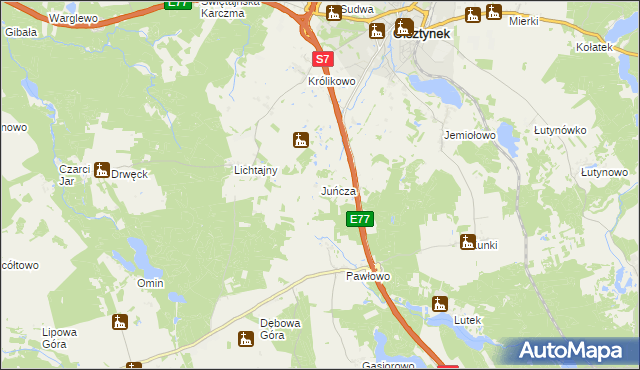 mapa Juńcza gmina Olsztynek, Juńcza gmina Olsztynek na mapie Targeo
