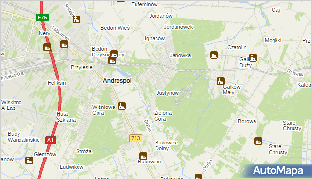 mapa Justynów gmina Andrespol, Justynów gmina Andrespol na mapie Targeo
