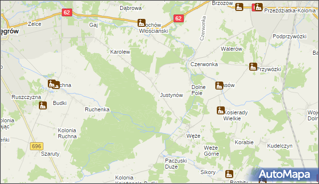 mapa Justynów gmina Sokołów Podlaski, Justynów gmina Sokołów Podlaski na mapie Targeo