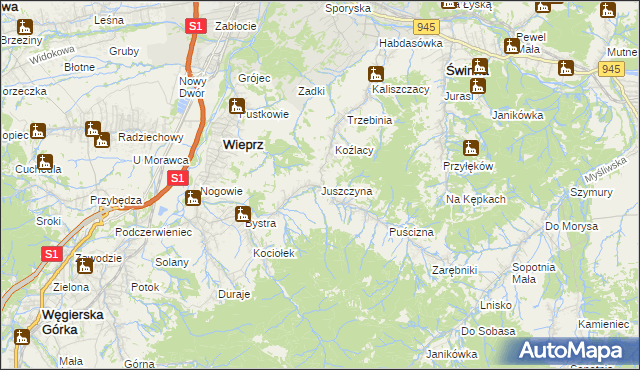 mapa Juszczyna, Juszczyna na mapie Targeo