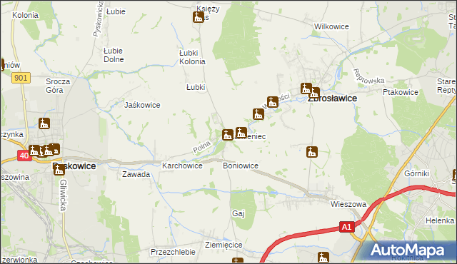 mapa Kamieniec gmina Zbrosławice, Kamieniec gmina Zbrosławice na mapie Targeo