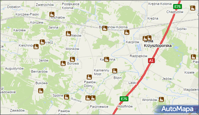 mapa Kamienna gmina Wola Krzysztoporska, Kamienna gmina Wola Krzysztoporska na mapie Targeo