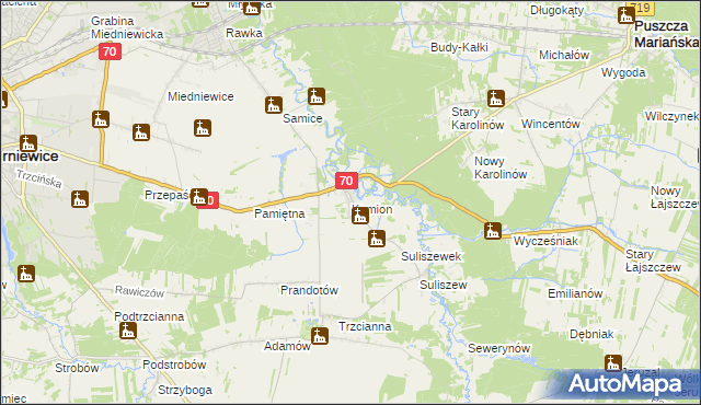 mapa Kamion gmina Puszcza Mariańska, Kamion gmina Puszcza Mariańska na mapie Targeo