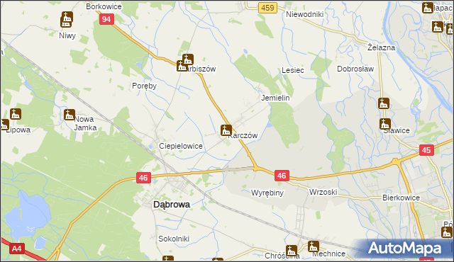 mapa Karczów gmina Dąbrowa, Karczów gmina Dąbrowa na mapie Targeo