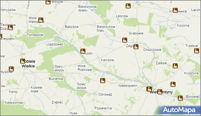 mapa Karczów gmina Wielgomłyny, Karczów gmina Wielgomłyny na mapie Targeo