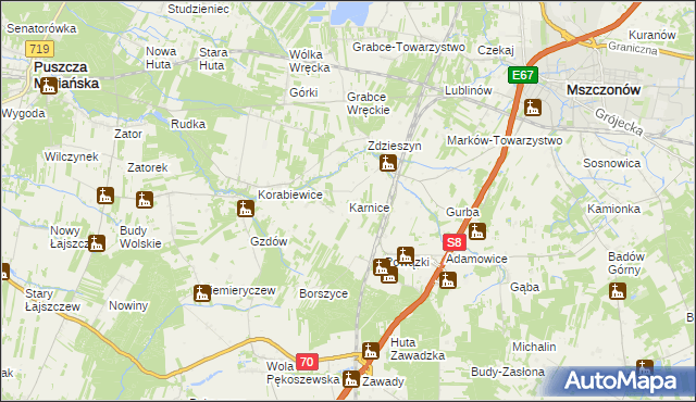 mapa Karnice gmina Puszcza Mariańska, Karnice gmina Puszcza Mariańska na mapie Targeo