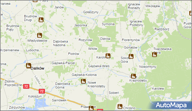 mapa Karolinów gmina Dalików, Karolinów gmina Dalików na mapie Targeo