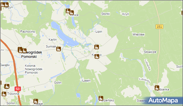 mapa Karsko gmina Nowogródek Pomorski, Karsko gmina Nowogródek Pomorski na mapie Targeo