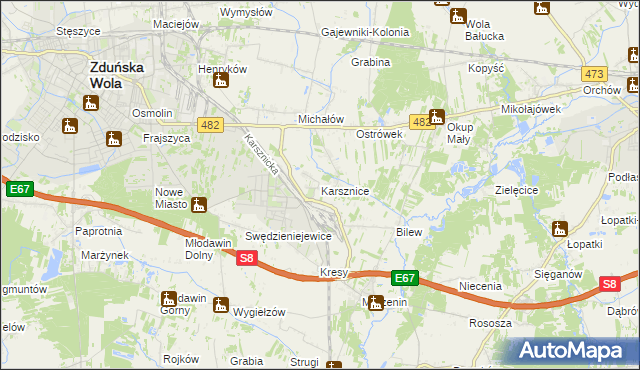 mapa Karsznice gmina Zduńska Wola, Karsznice gmina Zduńska Wola na mapie Targeo