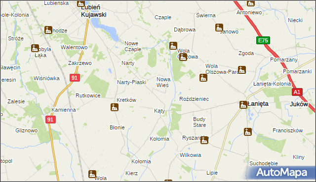 mapa Kąty gmina Lubień Kujawski, Kąty gmina Lubień Kujawski na mapie Targeo