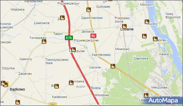 mapa Kaźmierzewo gmina Lubanie, Kaźmierzewo gmina Lubanie na mapie Targeo