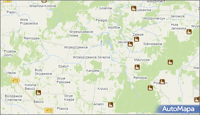 mapa Kiki gmina Wodzierady, Kiki gmina Wodzierady na mapie Targeo