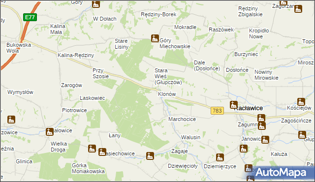 mapa Klonów gmina Racławice, Klonów gmina Racławice na mapie Targeo