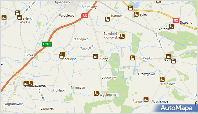 mapa Klony gmina Kostrzyn, Klony gmina Kostrzyn na mapie Targeo