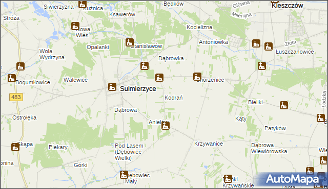mapa Kodrań gmina Sulmierzyce, Kodrań gmina Sulmierzyce na mapie Targeo
