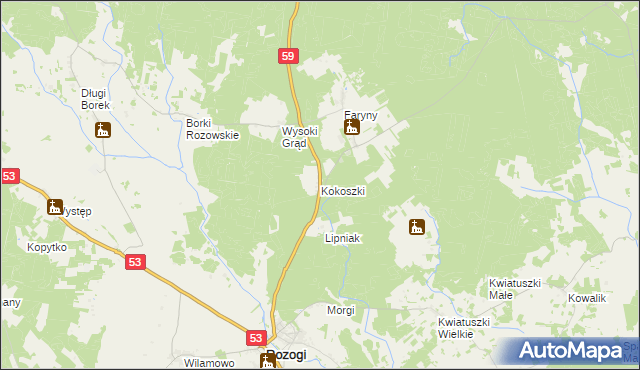 mapa Kokoszki gmina Rozogi, Kokoszki gmina Rozogi na mapie Targeo