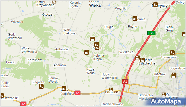 mapa Kolonia Krępa gmina Lgota Wielka, Kolonia Krępa gmina Lgota Wielka na mapie Targeo
