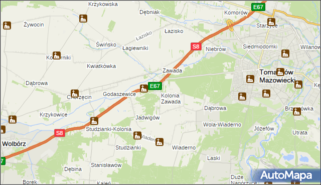 mapa Kolonia Zawada gmina Tomaszów Mazowiecki, Kolonia Zawada gmina Tomaszów Mazowiecki na mapie Targeo