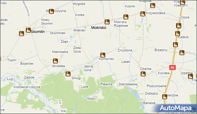 mapa Komorniki gmina Mokrsko, Komorniki gmina Mokrsko na mapie Targeo