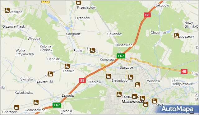 mapa Komorów gmina Tomaszów Mazowiecki, Komorów gmina Tomaszów Mazowiecki na mapie Targeo