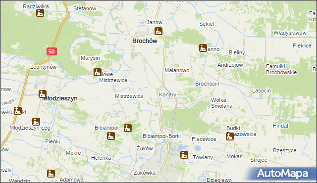 mapa Konary gmina Brochów, Konary gmina Brochów na mapie Targeo