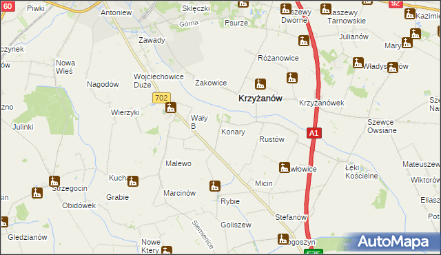 mapa Konary gmina Krzyżanów, Konary gmina Krzyżanów na mapie Targeo