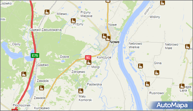 mapa Kończyce gmina Nowe, Kończyce gmina Nowe na mapie Targeo