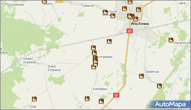 mapa Konradowo gmina Wschowa, Konradowo gmina Wschowa na mapie Targeo