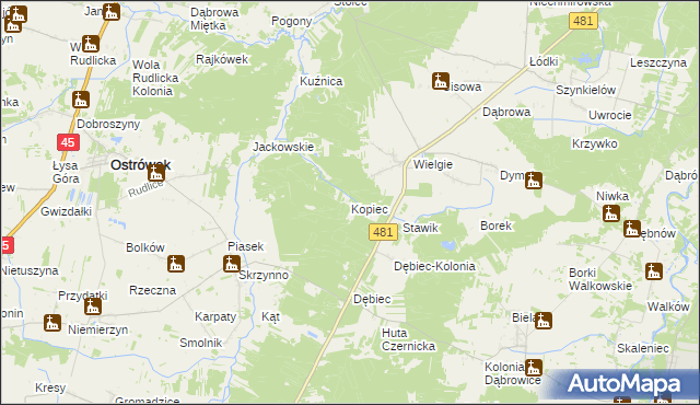 mapa Kopiec gmina Ostrówek, Kopiec gmina Ostrówek na mapie Targeo