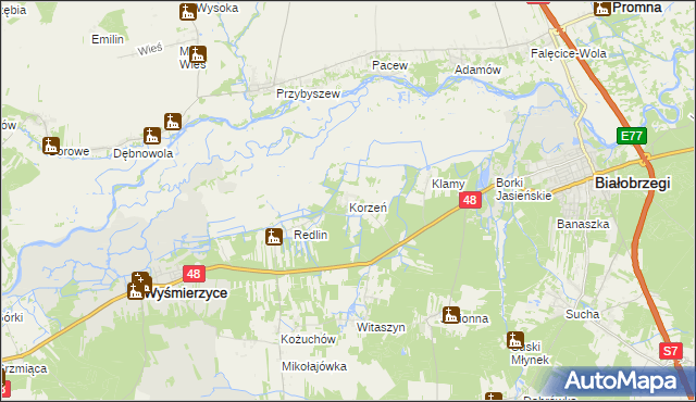 mapa Korzeń gmina Wyśmierzyce, Korzeń gmina Wyśmierzyce na mapie Targeo