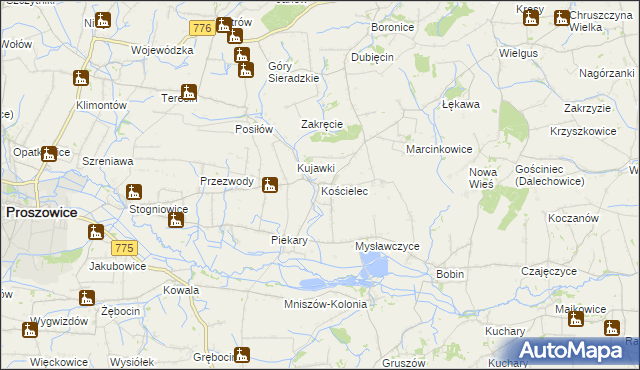 mapa Kościelec gmina Proszowice, Kościelec gmina Proszowice na mapie Targeo