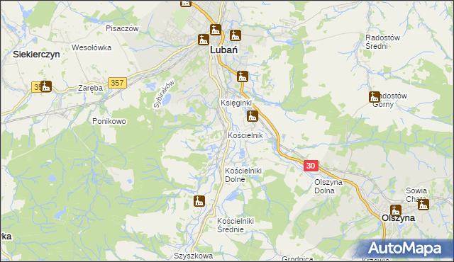 mapa Kościelnik gmina Lubań, Kościelnik gmina Lubań na mapie Targeo