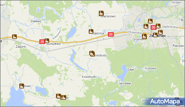 mapa Kosobudy gmina Złocieniec, Kosobudy gmina Złocieniec na mapie Targeo