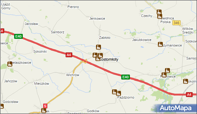 mapa Kostomłoty powiat średzki, Kostomłoty powiat średzki na mapie Targeo