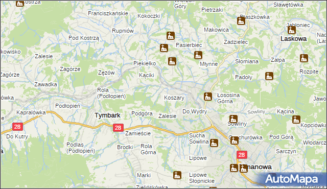 mapa Koszary gmina Limanowa, Koszary gmina Limanowa na mapie Targeo