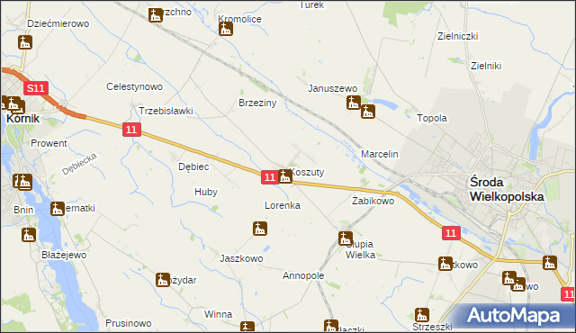 mapa Koszuty gmina Środa Wielkopolska, Koszuty gmina Środa Wielkopolska na mapie Targeo