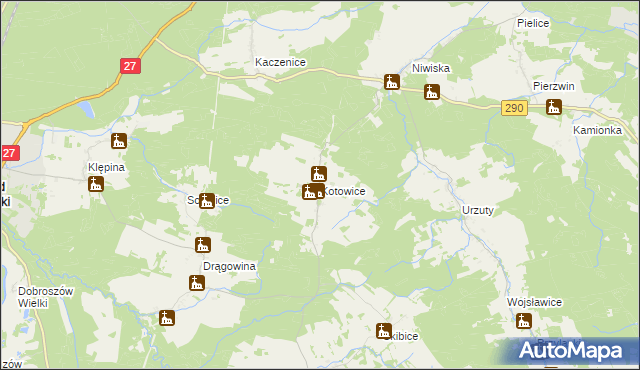 mapa Kotowice gmina Nowogród Bobrzański, Kotowice gmina Nowogród Bobrzański na mapie Targeo