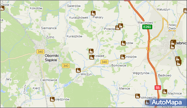 mapa Kowale gmina Oborniki Śląskie, Kowale gmina Oborniki Śląskie na mapie Targeo