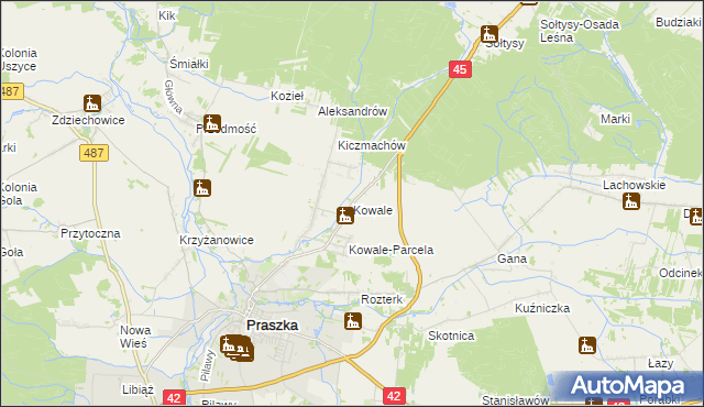 mapa Kowale gmina Praszka, Kowale gmina Praszka na mapie Targeo