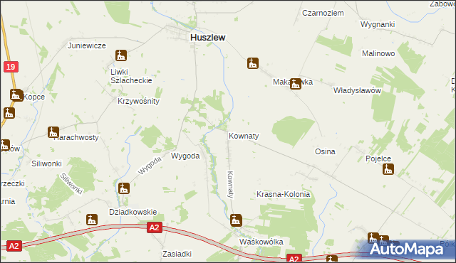mapa Kownaty gmina Huszlew, Kownaty gmina Huszlew na mapie Targeo
