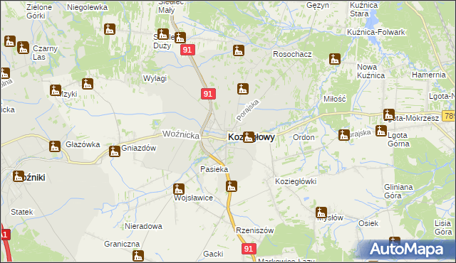 mapa Koziegłowy powiat myszkowski, Koziegłowy powiat myszkowski na mapie Targeo