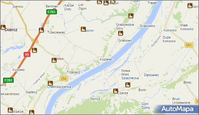 mapa Kozielec gmina Dobrcz, Kozielec gmina Dobrcz na mapie Targeo