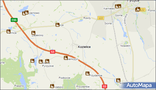 mapa Kozielice powiat pyrzycki, Kozielice powiat pyrzycki na mapie Targeo
