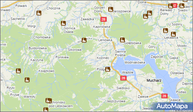 mapa Koziniec gmina Mucharz, Koziniec gmina Mucharz na mapie Targeo