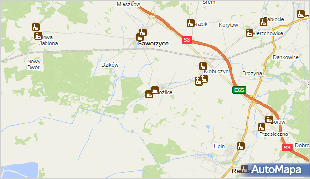 mapa Koźlice gmina Gaworzyce, Koźlice gmina Gaworzyce na mapie Targeo