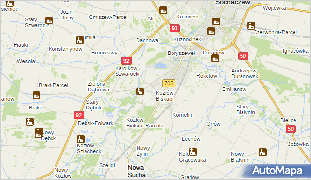 mapa Kozłów Biskupi, Kozłów Biskupi na mapie Targeo