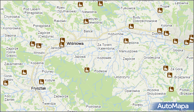 mapa Kozłówek gmina Wiśniowa, Kozłówek gmina Wiśniowa na mapie Targeo