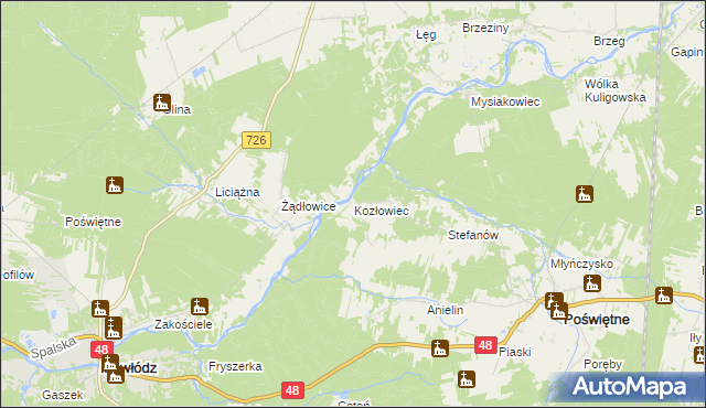 mapa Kozłowiec gmina Poświętne, Kozłowiec gmina Poświętne na mapie Targeo