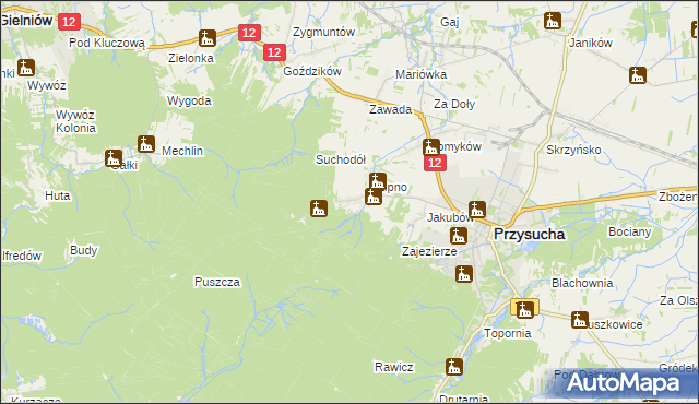 mapa Kozłowiec gmina Przysucha, Kozłowiec gmina Przysucha na mapie Targeo