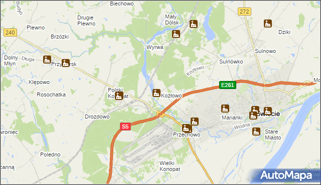 mapa Kozłowo gmina Świecie, Kozłowo gmina Świecie na mapie Targeo